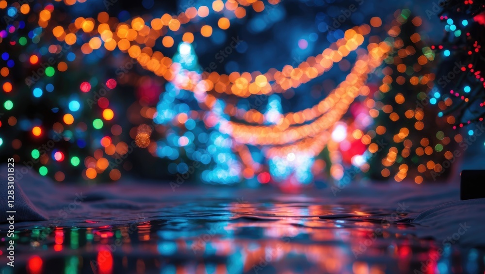 Poster colorful christmas bokeh lights reflecting on dark background creating a festive atmosphere for new 