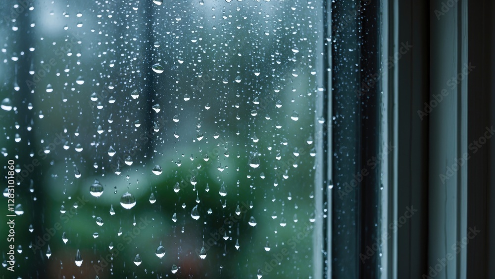 Poster raindrops on windowpane with blurred green exterior background reflecting calm and tranquility in a 