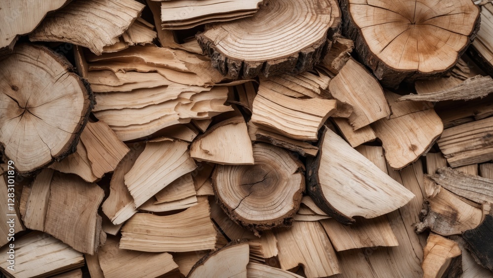 Poster assorted pieces of cut wood logs arranged in a textured pattern with natural colors and grains copy 