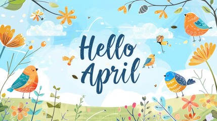 Hello April Springtime Illustration with Birds and Flowers