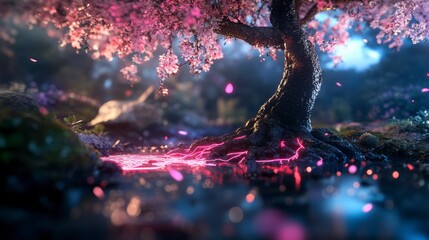 Neon Tree with Luminous Roots, vibrant tree with glowing roots extending into a radiant ground, surreal landscape, enchanting illumination