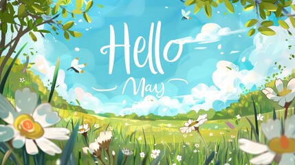 Hello May Springtime Meadow Landscape with Daisies and Blue Sky