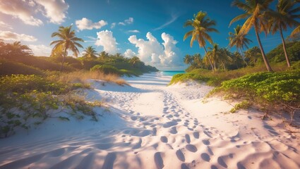 Scenic beach landscape with footprints on sandy path leading to ocean under blue sky and scattered clouds surrounded by palm trees Copy Space