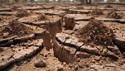 Fototapeta premium Cracked dry soil landscape with scattered pebbles during drought emphasizing environmental issues and agricultural challenges.