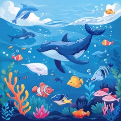 Fototapeta premium Vibrant Underwater Scene Whales Dolphins Colorful Fish Coral Reef Illustration