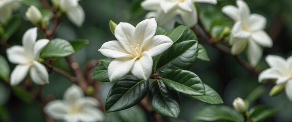 Obraz premium White gardenia flowers on a green background with lush leaves showing detailed petals and natural texture with Copy Space