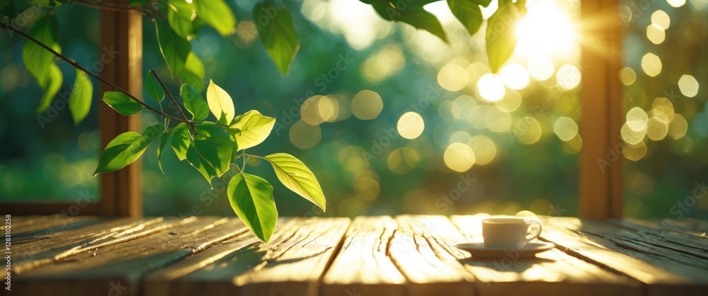 Poster sunlit table with green leaves and a white coffee cup in a natural setting with blurred background a