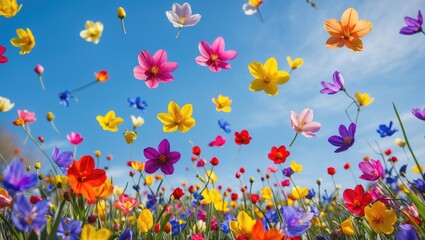 Colorful Spring Flowers Floating In The Air Over A Bright Blue Sky With Copy Space For Text And Floral Theme Background