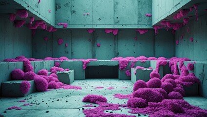 Vibrant pink textured growth in a modern concrete space creating an artistic and surreal background for creative projects