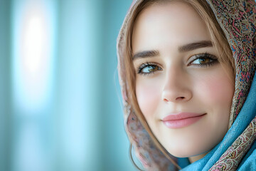 Young woman in headscarf, smiling gently, near a window, soft light background. Ideal for beauty, fashion, or religious tolerance campaigns