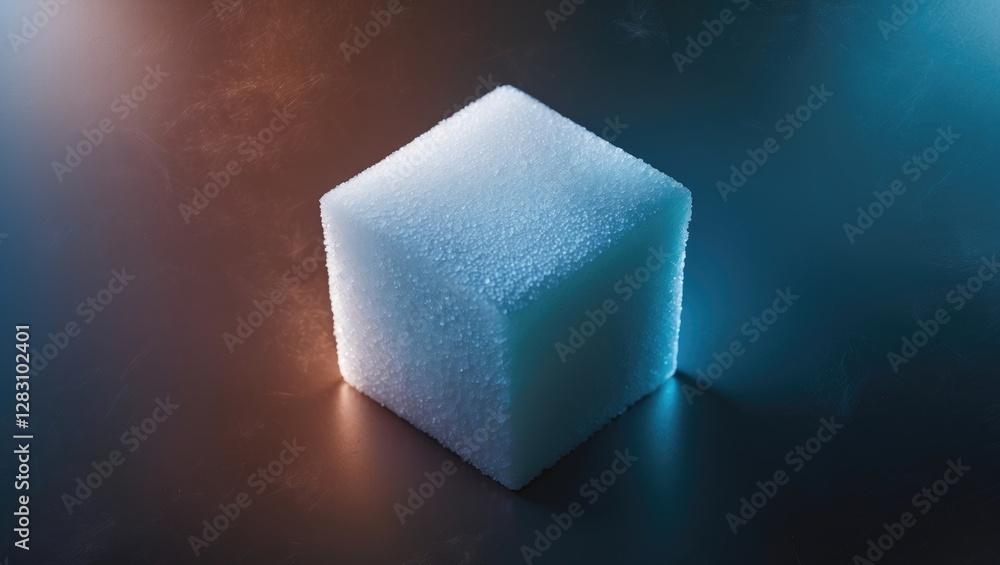 Poster white sugar cube illuminated from below on a contrasting dark background showcasing texture and form