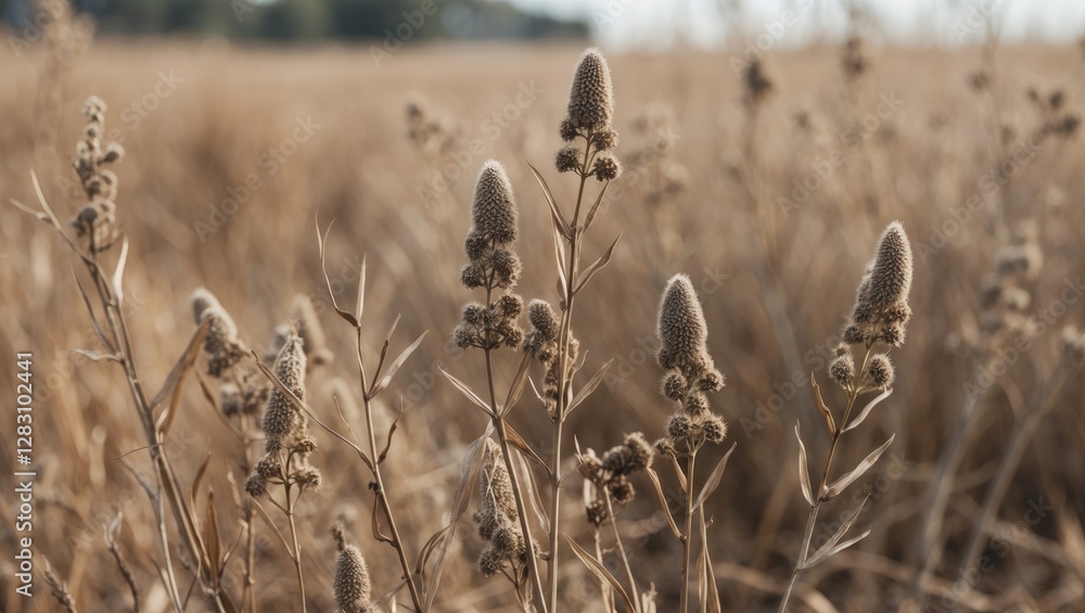 Poster dry grass and wormwood branches in a sunlit field with selective focus, creating an abstract floral 