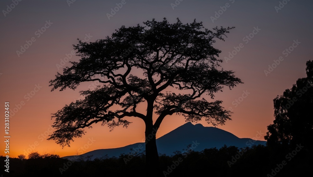 Poster silhouette of a large tree against a sunset sky with a mountain in the background creating a tranqui