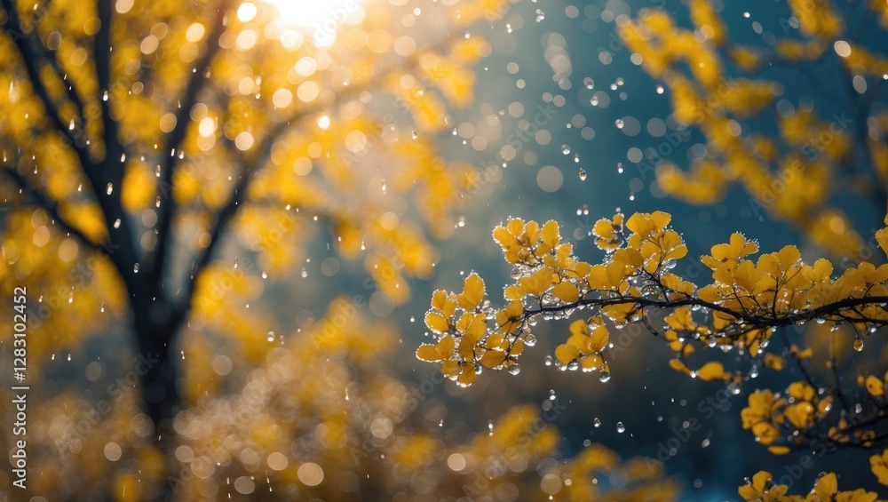 Poster autumn foliage with dew drops illuminated by morning sun creating a dreamy bokeh effect in a colorfu