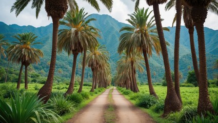 Obraz premium Palm tree lined dirt road with mountains in the background and lush vegetation on either side Copy Space