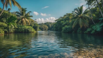 Obraz premium Serene tropical river scene with lush greenery and palm trees reflecting in calm waters during daytime. Copy Space.