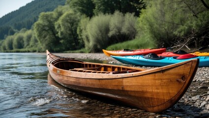 Obraz premium Wooden canoe and kayaks on tranquil riverbank surrounded by lush trees and mountains Copy Space