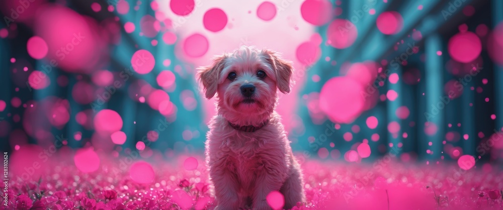 Poster cute puppy surrounded by a vibrant pink background with dreamy bokeh effects creating a whimsical an