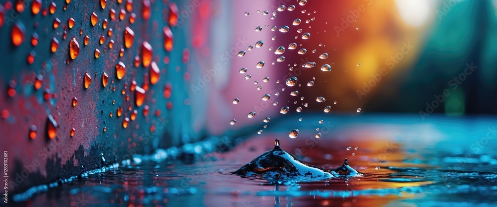 Aufkleber colorful water droplets on a surface with a blurred background creating a vivid and artistic effect 
