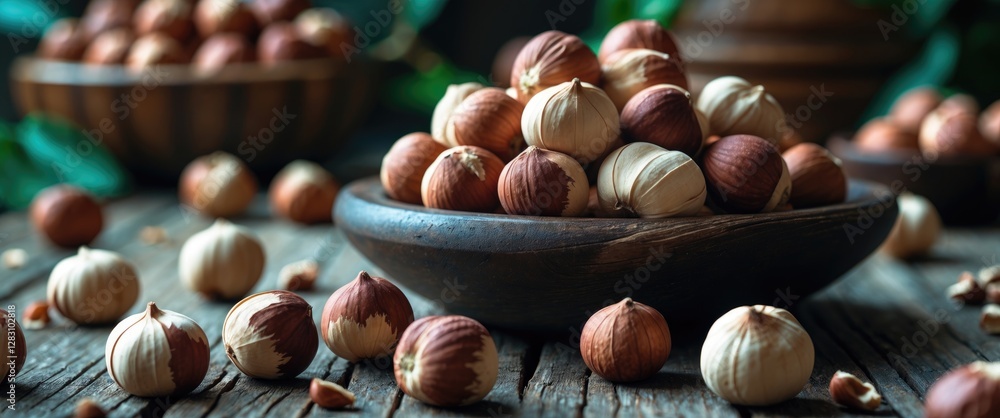 Poster mixed assortment of hazelnuts in wooden bowls on rustic wooden surface with greenery in the backgrou