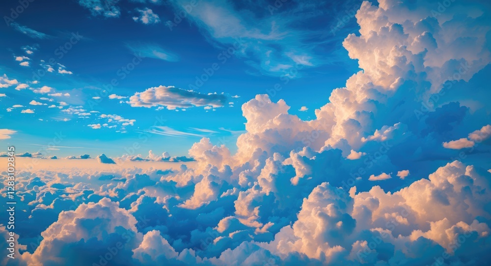 Poster fluffy white clouds in a blue sky with wispy clouds and sunlight casting soft shadows during a clear