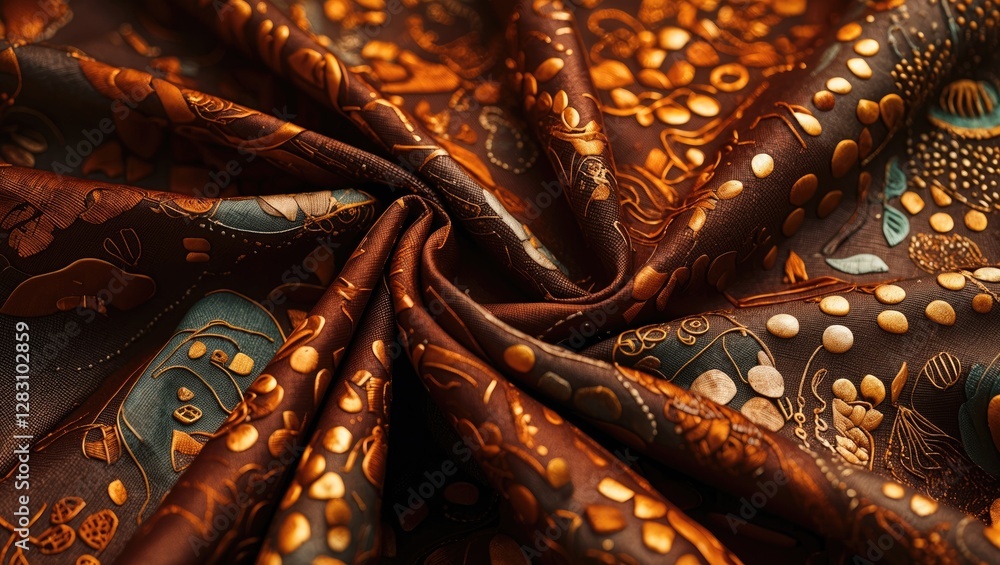 Poster brown fabric with intricate patterns in gold and turquoise hues, displaying elegant texture and desi