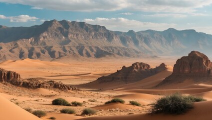 Naklejka premium Majestic Desert Landscape Showcasing Serene Dunes and Rugged Highlands Under a Clear Sky