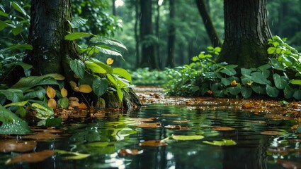 Fototapeta premium Lush green forest scene with wet ground, water reflections, trees, and foliage after rainfall in a tranquil natural setting.