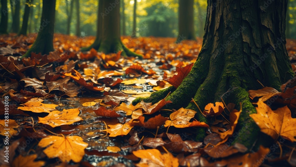 Poster autumn forest scene featuring damp oak leaves on the ground with moss-covered tree roots creating a 