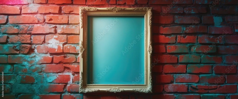 Poster empty ornate picture frame on a rough red brick wall illuminated with ambient lighting designed to c