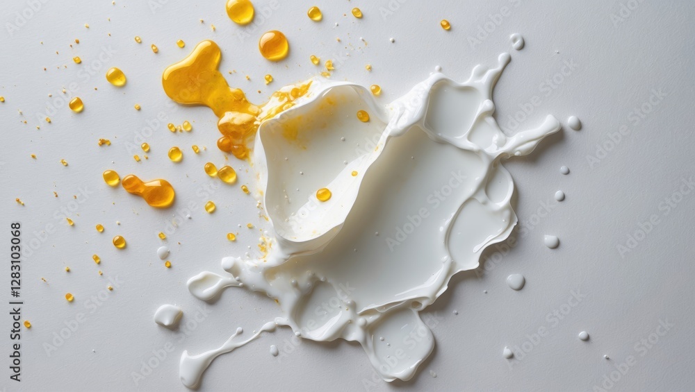 Aufkleber liquid milk and egg yolk splashing on a white background creating an abstract food texture and patte
