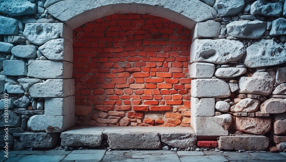 Poster brick and stone wall with an arched opening showcasing an empty space on a textured floor in an old 
