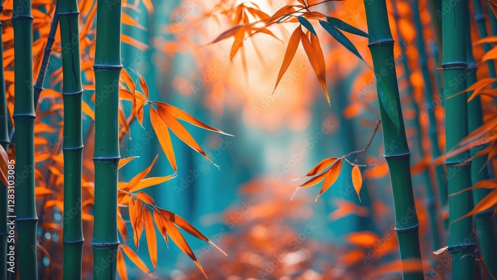 Poster vibrant bamboo forest with dry leaves and a soft blurred background creating a serene and tranquil a