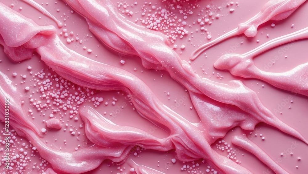 Poster pink creamy texture with glossy and shiny flow patterns on a flat surface, scattered small beads for