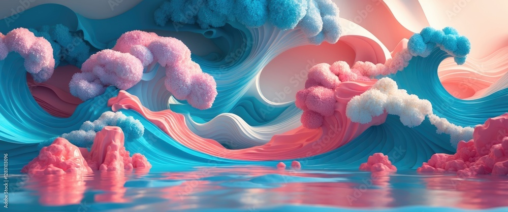 Poster colorful abstract waves with fluffy clouds creating a serene oceanic landscape reflecting vibrant pi