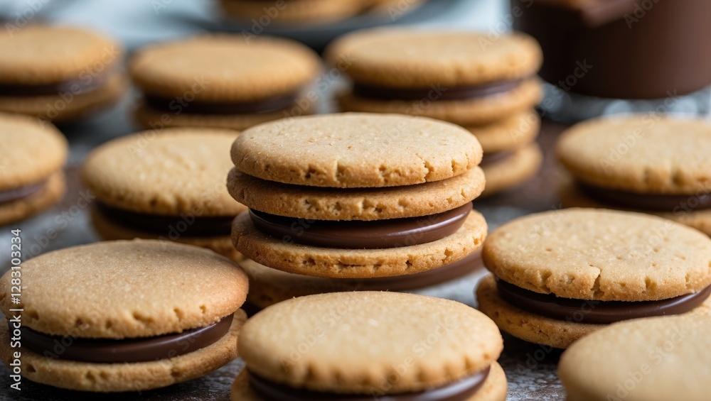 Poster circular cookies with chocolate filling arranged in a pattern on a wooden surface with blurred backg