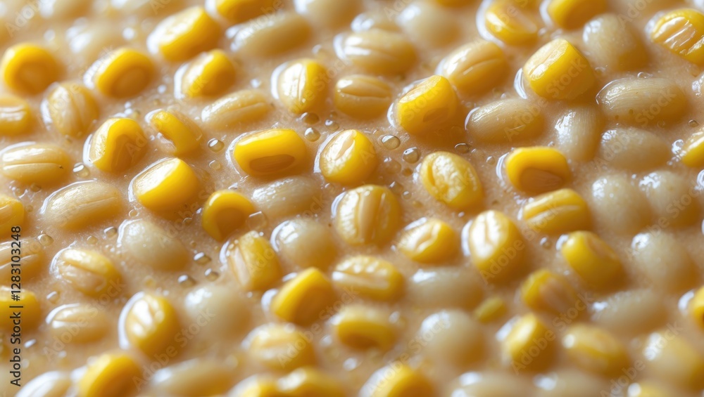 Poster close up of creamy corn porridge highlighting texture and yellow kernels in a smooth background perf