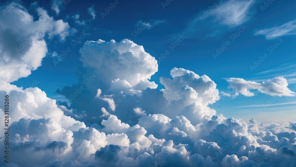Poster cumulus clouds against a deep blue sky with wispy clouds in a bright daylight setting