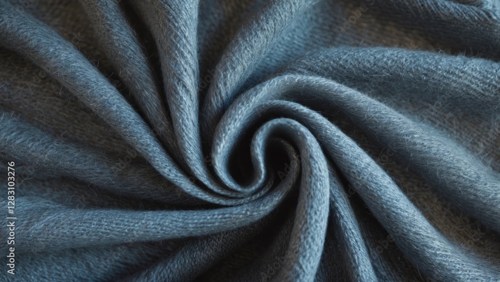 Poster close-up of blue fabric texture in spiral shape showcasing softness and fine weave pattern