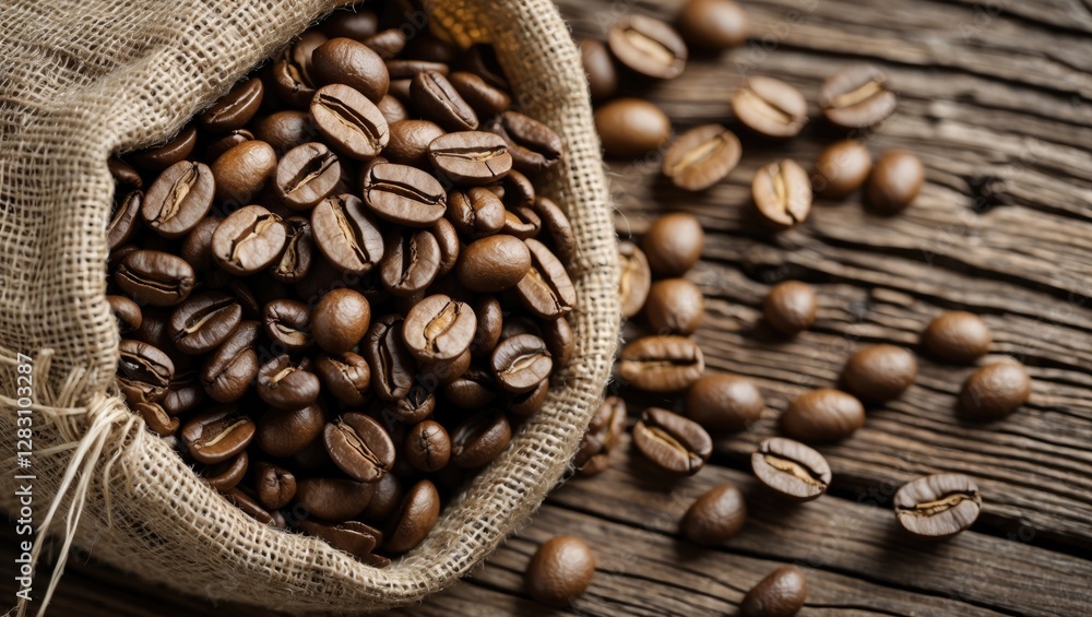 Poster coffee beans in burlap sack on wooden table with scattered beans around rustic background