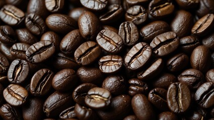 Fototapeta premium Close up of roasted coffee beans displayed on a dark surface highlighting their rich brown color and texture.