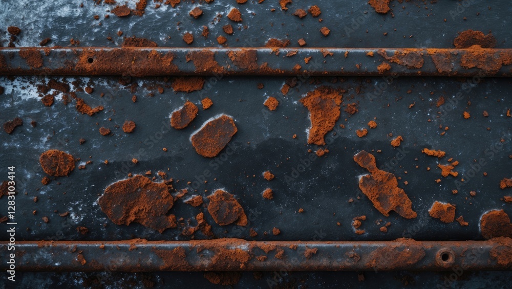 Poster rusty metal surface texture with dark background featuring varied orange rust patches and worn detai