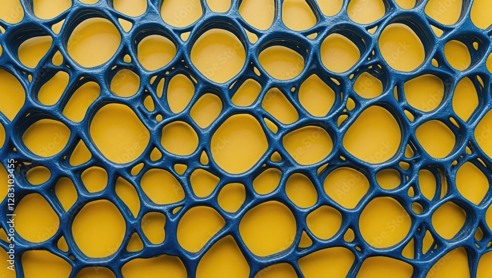 Poster blue abstract pattern with interconnected circles and organic shapes on a bright yellow background f