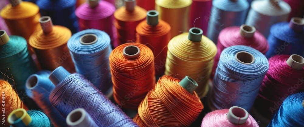 Poster colorful spools of sewing thread arranged haphazardly in a workshop setting high angle view