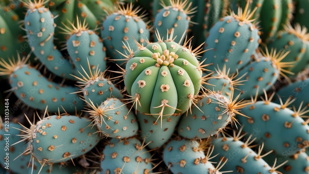 Poster close-up view of hook barrel cactus with distinctive leaves and spines highlighting its unique textu
