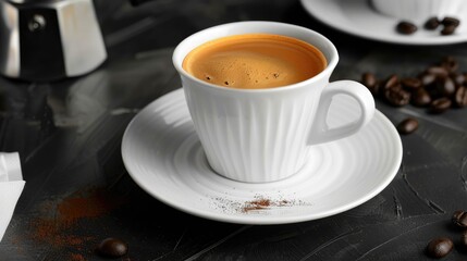 Fototapeta premium Aromatic Espresso Coffee in White Cup Dark Background Coffee Beans