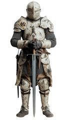 Fototapeta premium The images feature medieval knights in battle-worn armor, standing solemnly with their swords in a poised and disciplined stance.