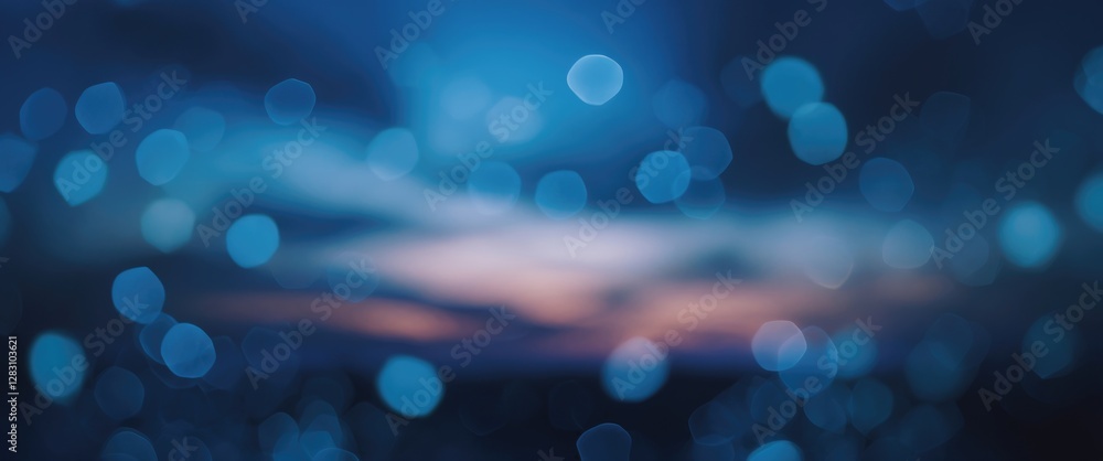 Poster blue bokeh background with soft blurred lights and out of focus clouds during sunset creating a drea