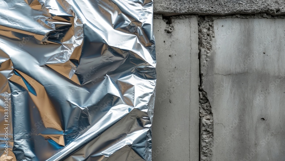Poster aluminum foil texture contrasted with a rough cement wall creating a unique background ideal for art