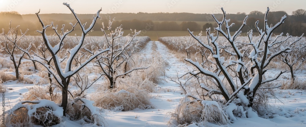 Poster winter landscape with snow-covered trees and empty pathway through a field in soft morning light